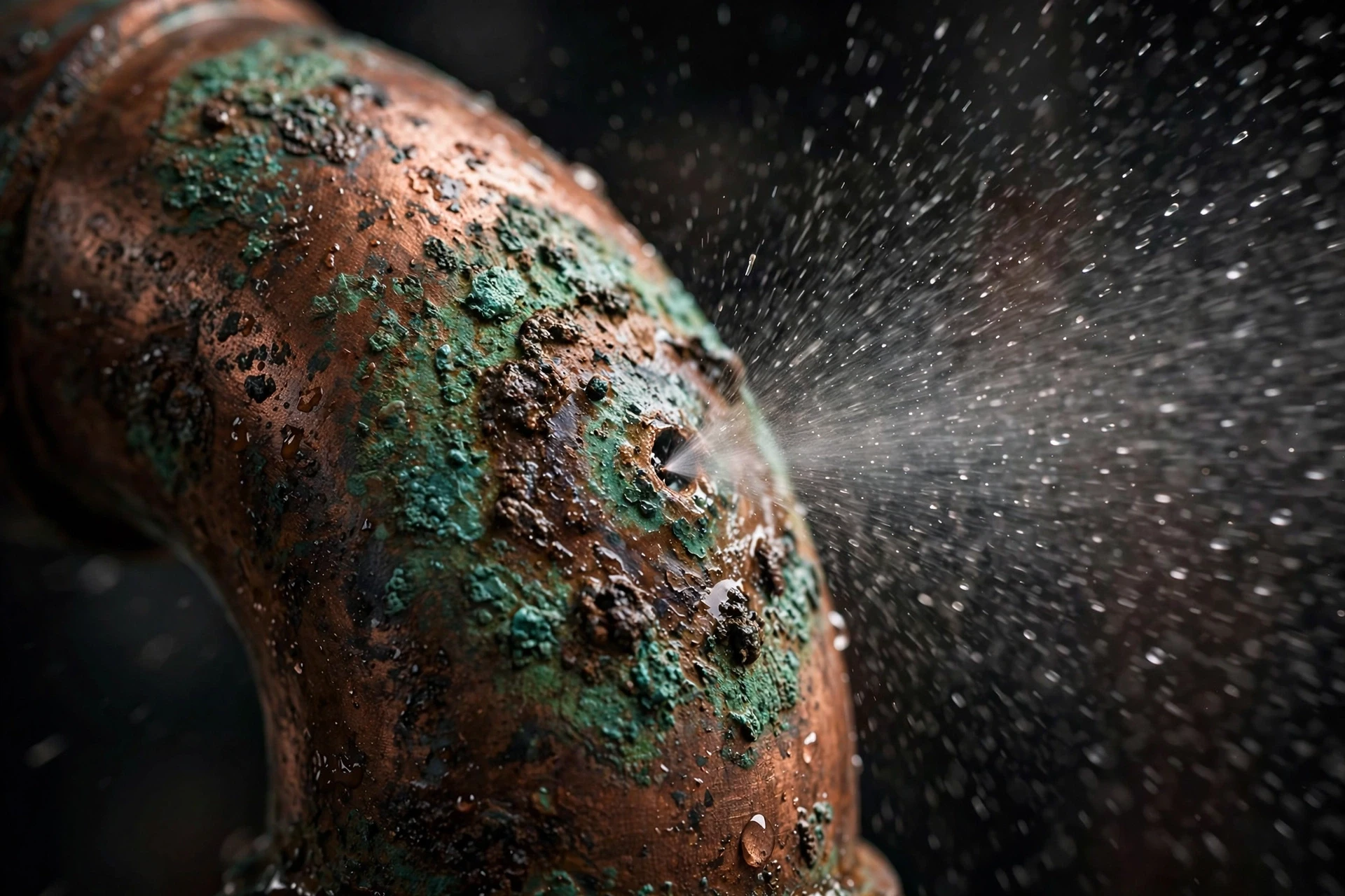 Close-up of a corroded copper water pipe with green patina and a pinhole leak spraying water — the most common cause of slab leaks in Rancho Palos Verdes, CA