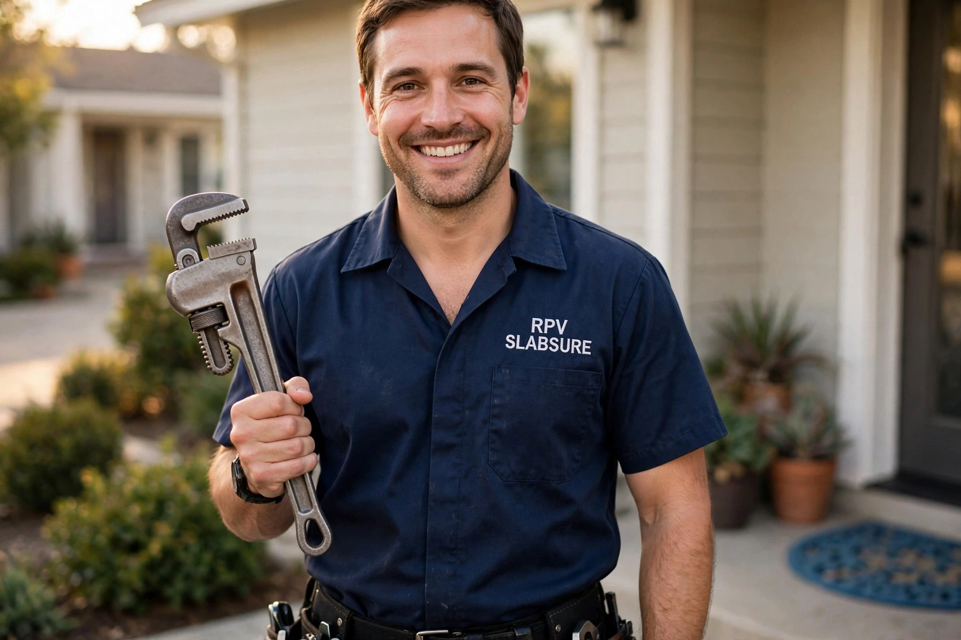 Friendly RPV SlabSure plumber in branded uniform holding a pipe wrench, ready for slab leak repair in Rancho Palos Verdes, CA