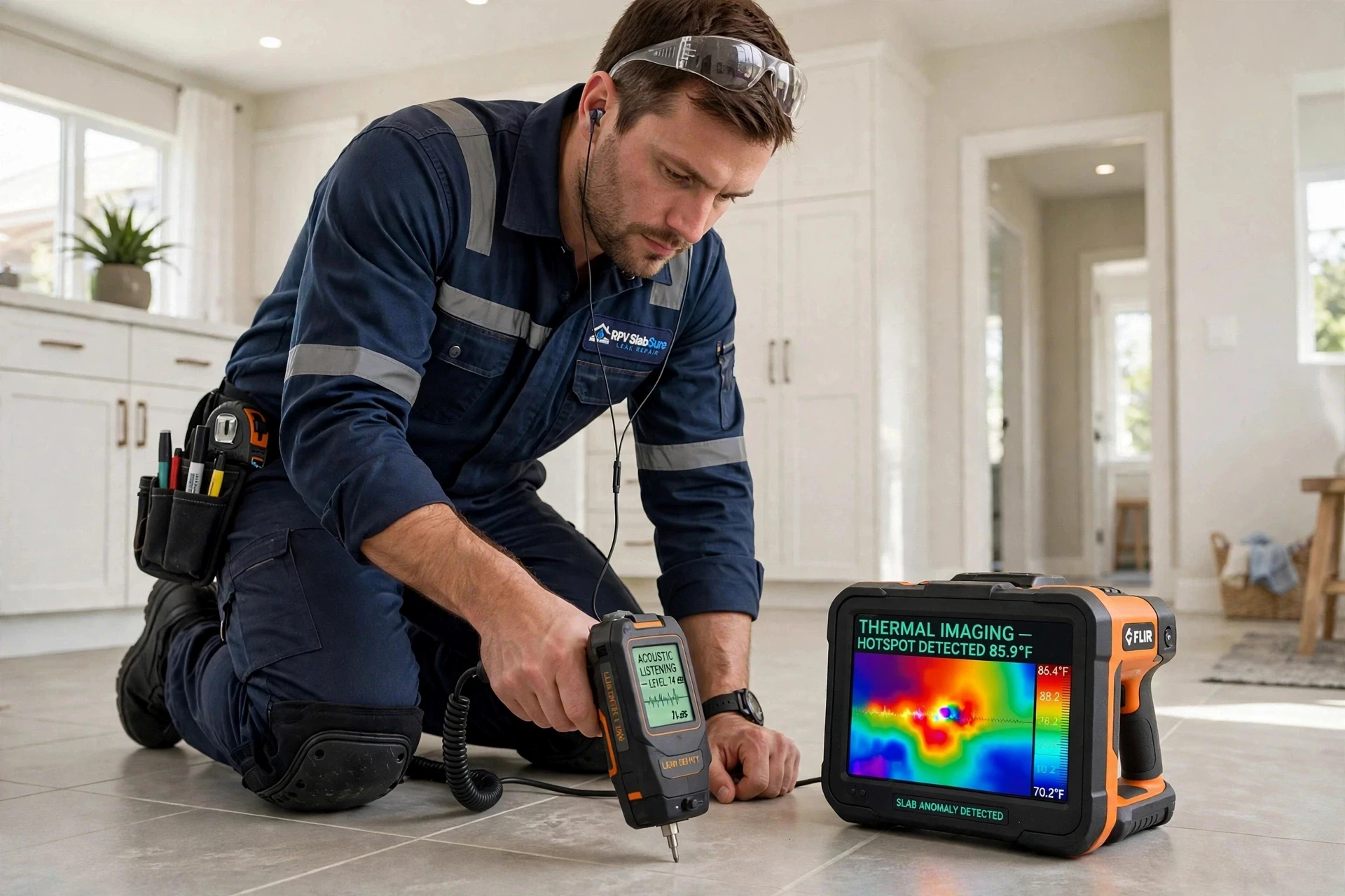 RPV SlabSure technician performing electronic slab leak detection with acoustic listening and thermal imaging in a Rancho Palos Verdes, CA home