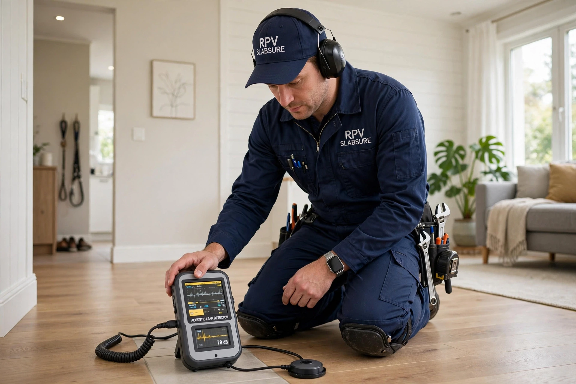 RPV SlabSure technician using an acoustic leak detector to pinpoint a slab leak inside a Rancho Palos Verdes home