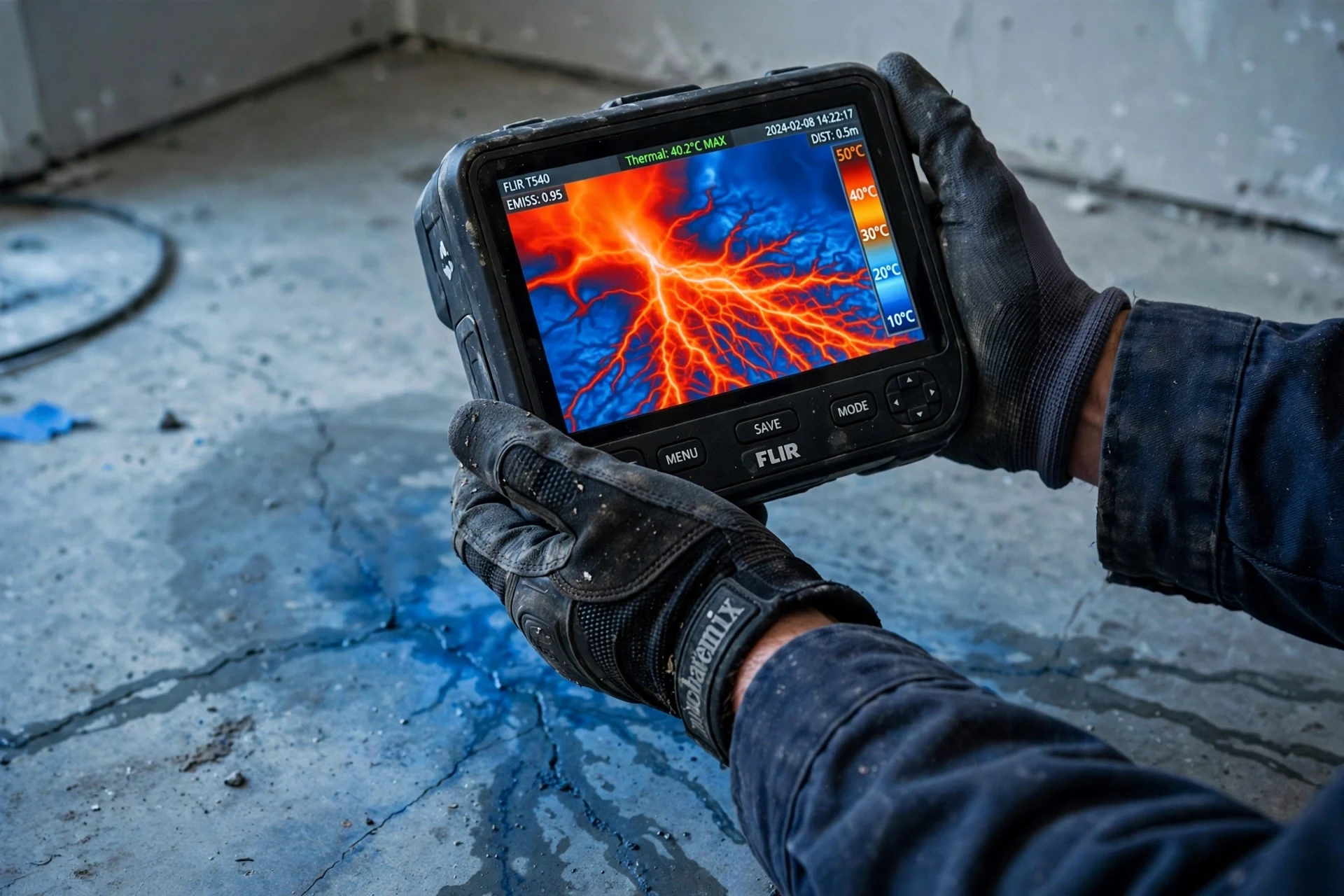 Thermal imaging camera revealing a hot-water slab leak spreading under a concrete floor in Rancho Palos Verdes, CA