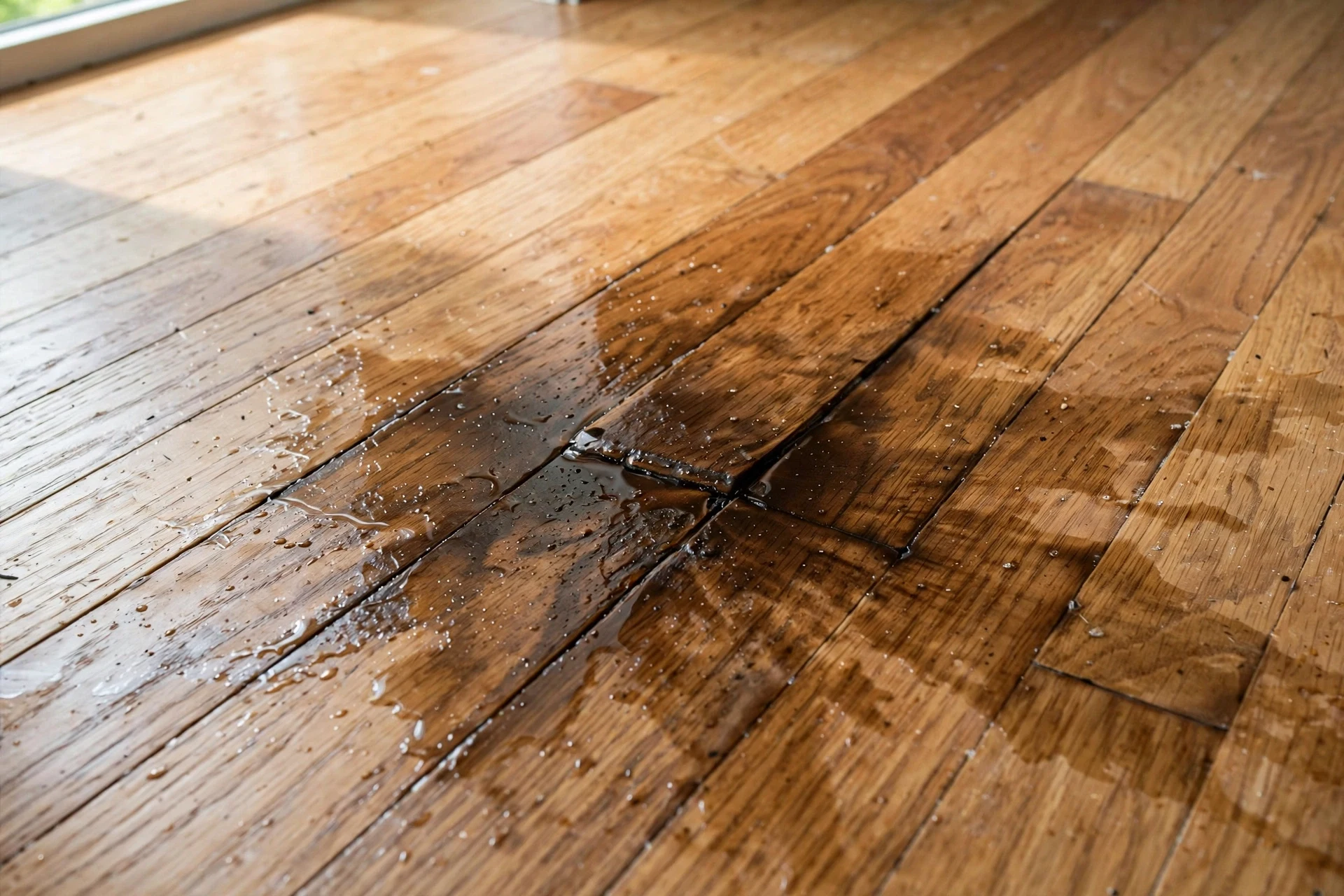 Water stain and wet spot spreading on a hardwood floor — an early visible sign of a slab leak in Rancho Palos Verdes, CA