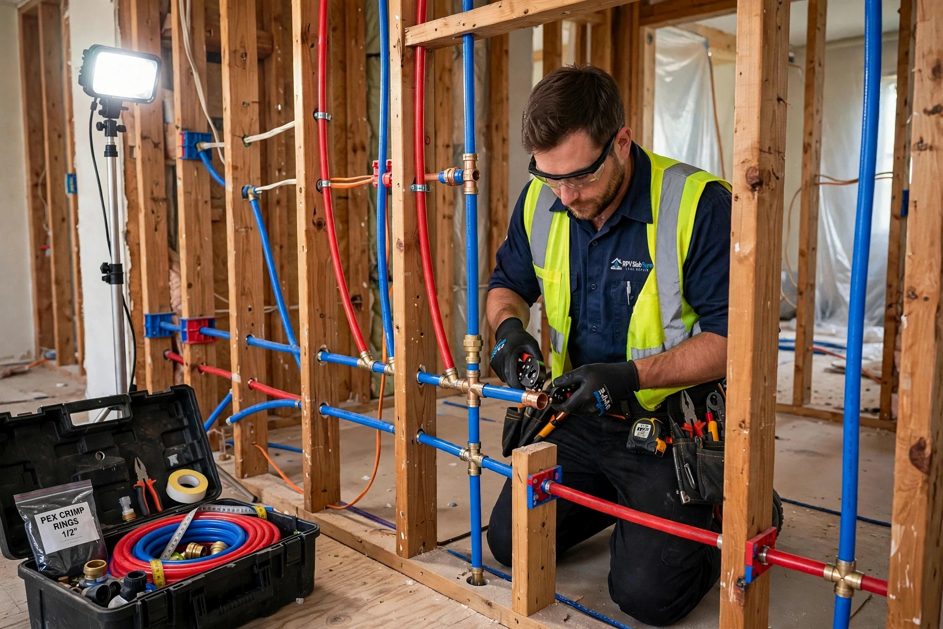 Plumber installing new red and blue PEX water lines in wall framing during whole-house repiping in Rancho Palos Verdes, CA